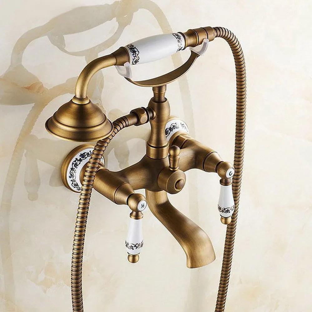 Vintage Antique Brass Wall Mount Bathroom Bathtub Faucet Set WITH/ 1500MM Handheld Shower Spray Head Mixer Tap Dtf306