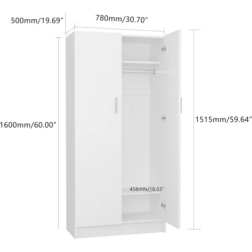 2 Door Wardrobe Closet Bedroom Armoires with 2 Shelves Storage, Hanging Rail for Bedroom (White)