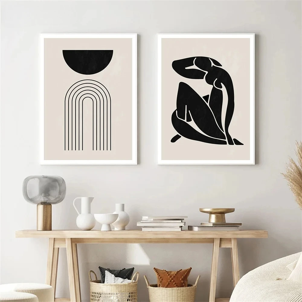 مجردة خطوط الجسم المشارك أسود بيج قماش اللوحة الشمال جدار الفن الطباعة صورة غرفة المعيشة ديكور المنزل طلاء جدران #4