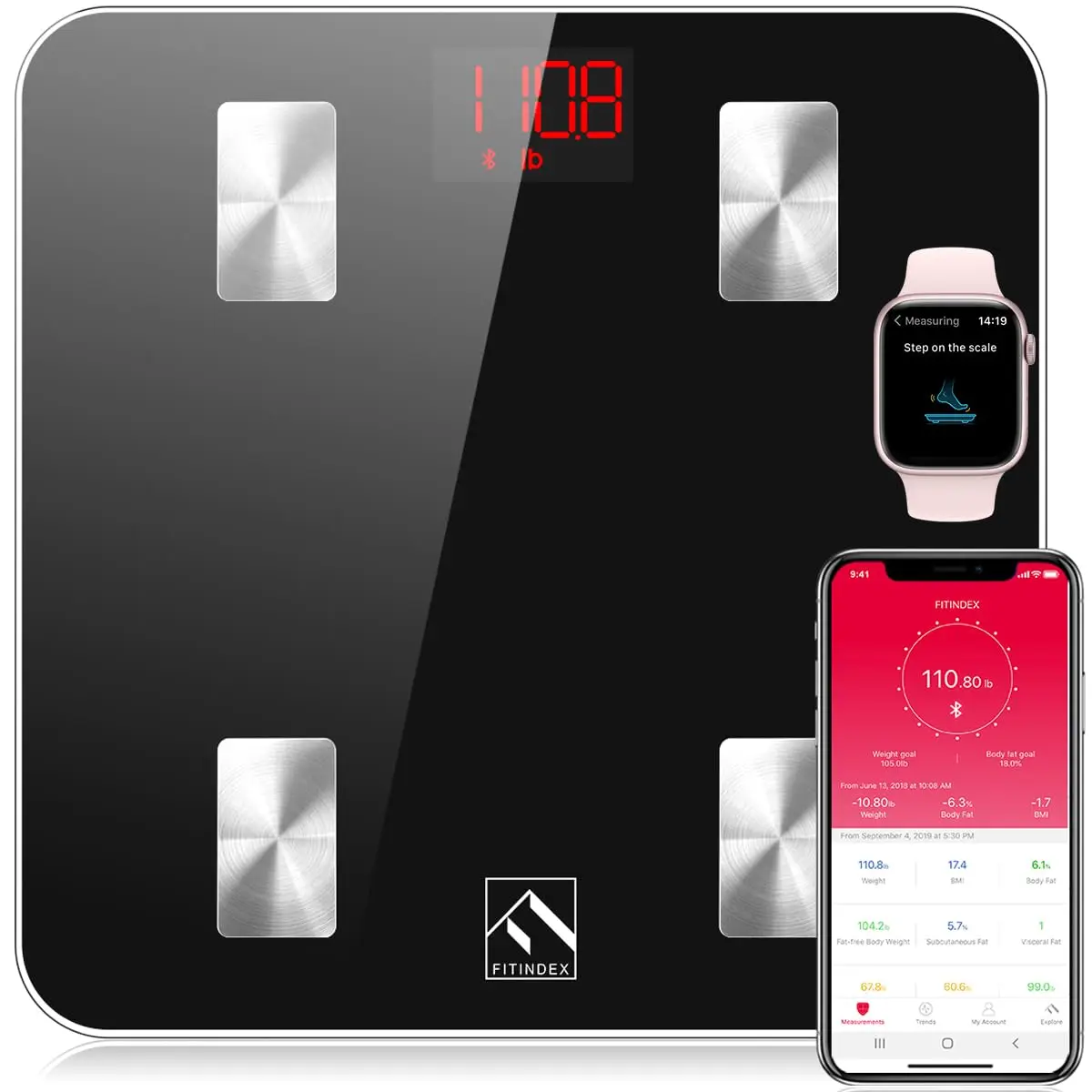 

Smart Bluetooth Body Scale with BMI, Fat, Muscle Tracking, Sync App for Health Monitoring