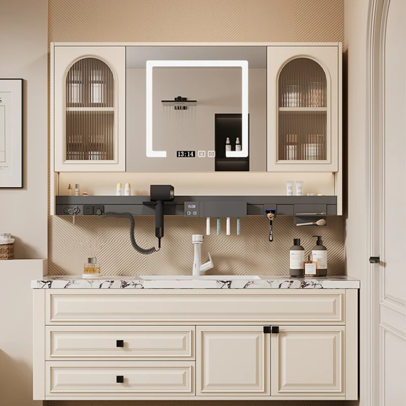 Rock panel hot bending integrated basin bathroom cabinet combination intelligent mirror cabinet bathroom solid wood washbasin