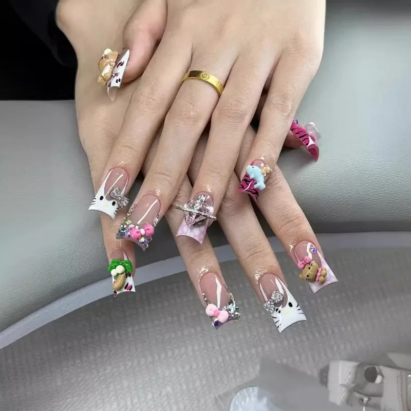 Uñas postizas hechas a mano de Hello Kitty para mujer, uñas postizas 3D de longitud media, hechas a mano, decoración coreana, 10 piezas