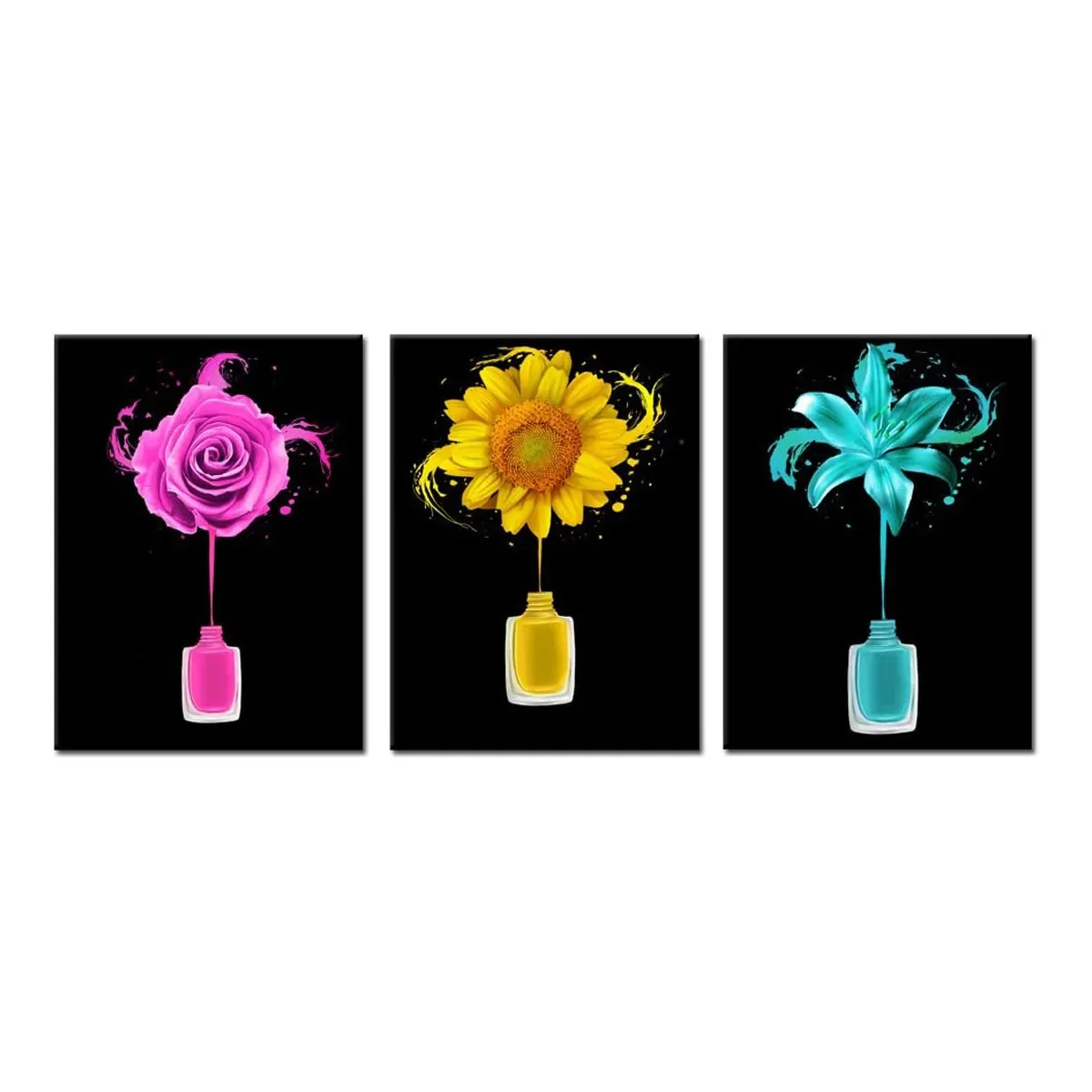 3PCS Framed Nail Polish Flower Canvas Wall Art, Colorful Rose Sunflower Lily Prints for Salon