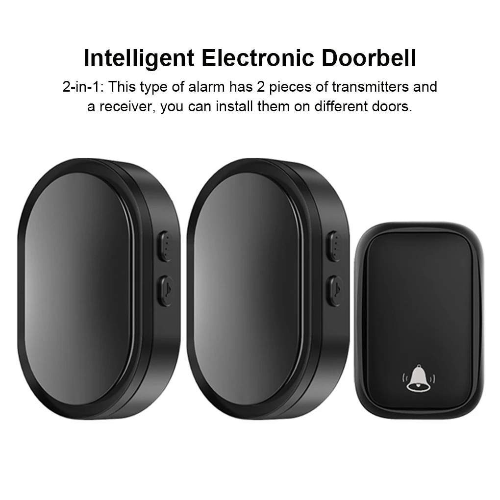 3 Pieces Wireless Door Bell Music Adjustable Doorbell Household Outdoor Alarm Office Transmitter Remote Black Gold