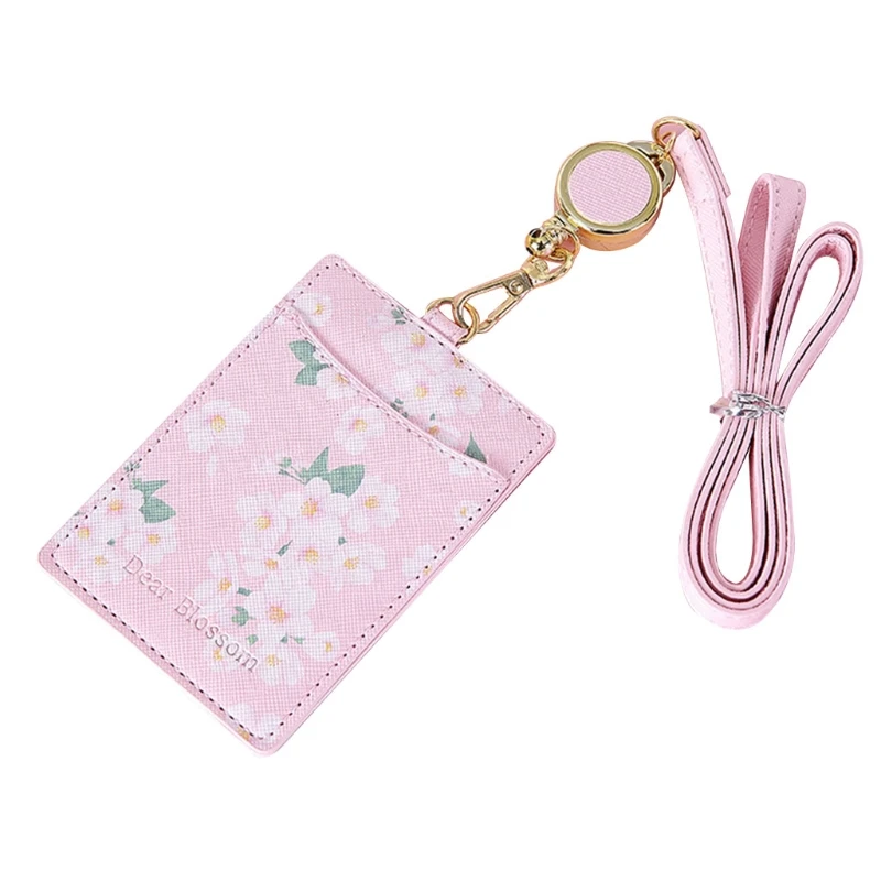 E74B FlowersPU Leather Bus Credit Card Holder for Case Portable Badge Retractable Neck Strap Lanyard