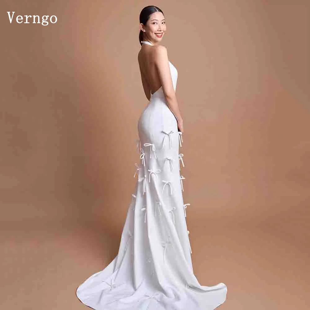 

Verngo lvory Mermaid Prom Gowns Simple Crepe Sweap Train Party Dress For Women Halter Bow Backless Prom Evening Dress