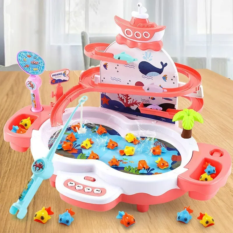 Children's Toys Puzzle Rechargeable Magnetic Fishing Table Slide Game Music Rotating Disc Parent-child Interactive Learning Gift