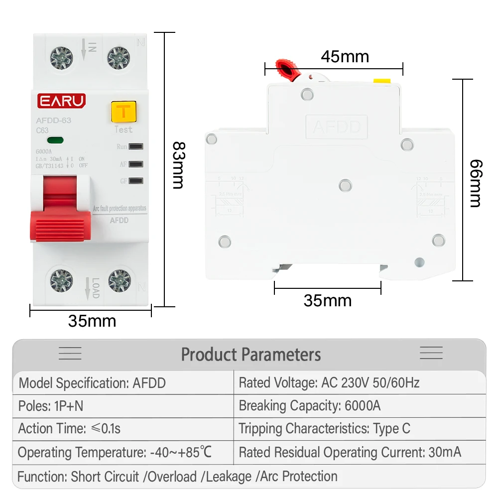 AC220V AFDD Arc Fault Protector Device RCBO RCCB MCB Circuit Breaker Interrupted Overload Earth Leakage Short Circuit Protection