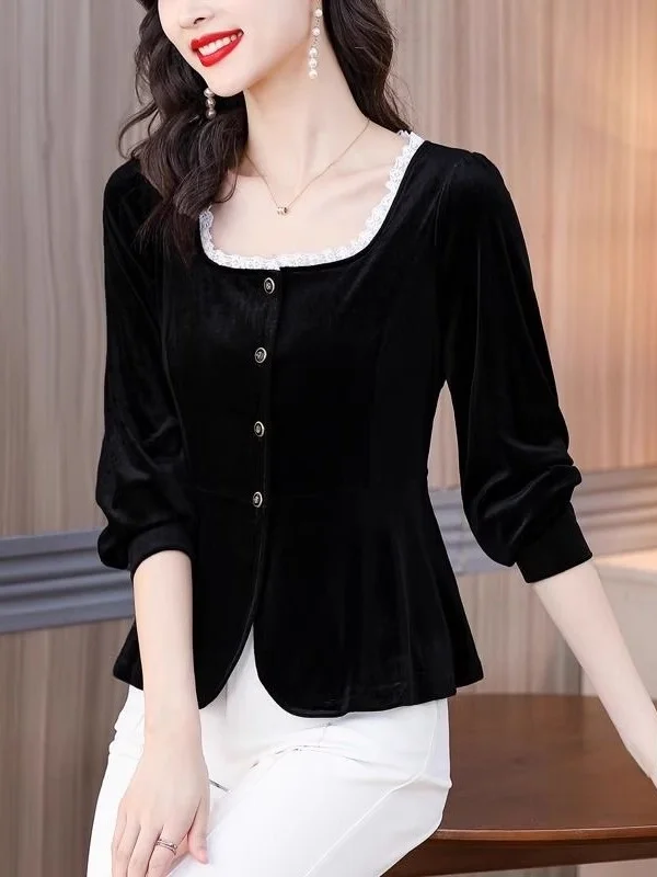 

Faionable Velvet Slim Fit Long Sve Square Collar irt Women's Autumn New Sle plus Size Pure Color Trendy Top Ladies