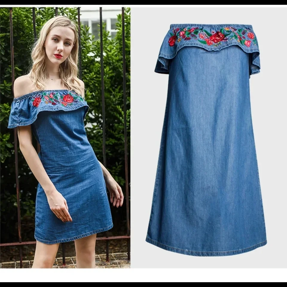 

Ruffled Embroidered Jean Dress for Women, One Line Collar, Off Shoulder, Casual Denim Dress, Summer