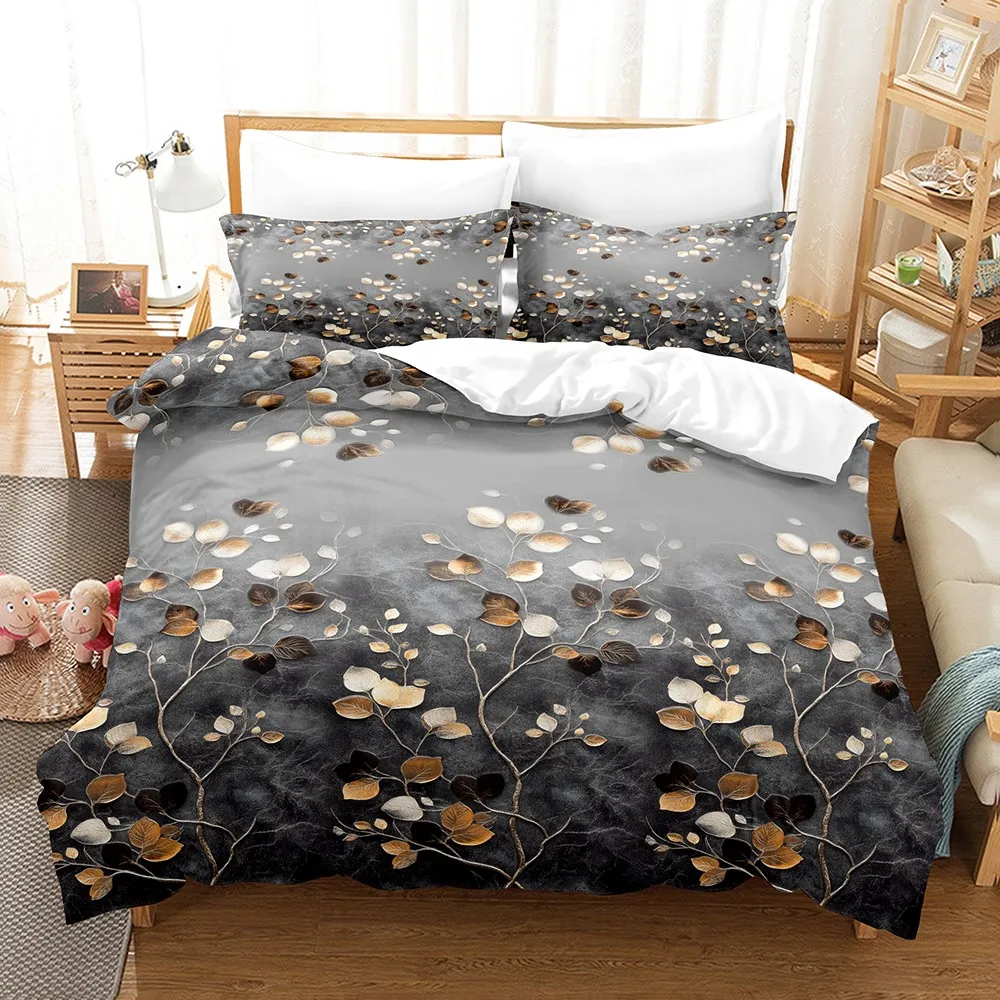 3-teiliges Bettbezug-Set Graue Zweige und Blätter Bedruckter Bettbezug mit Kissenbezügen Einzelbett Doppelbett Queen-Size Bettwäsche-Set für Zuhause