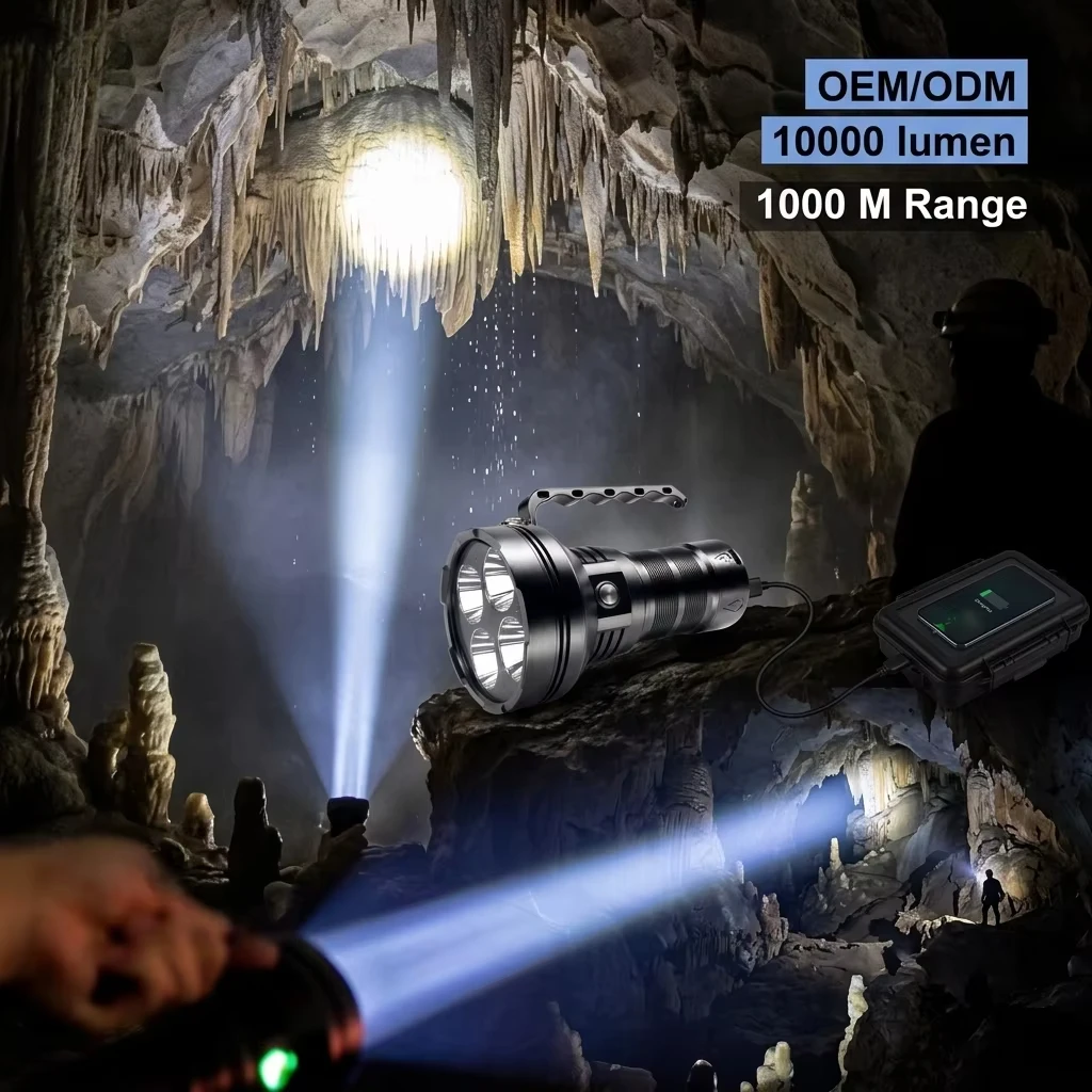 OEM Professional 10000lm LED Flashlight 1000m Range Wide Spot Beam Usb Ip68 50W Fast Charging Power Bank Torcia LED Alta Potenza