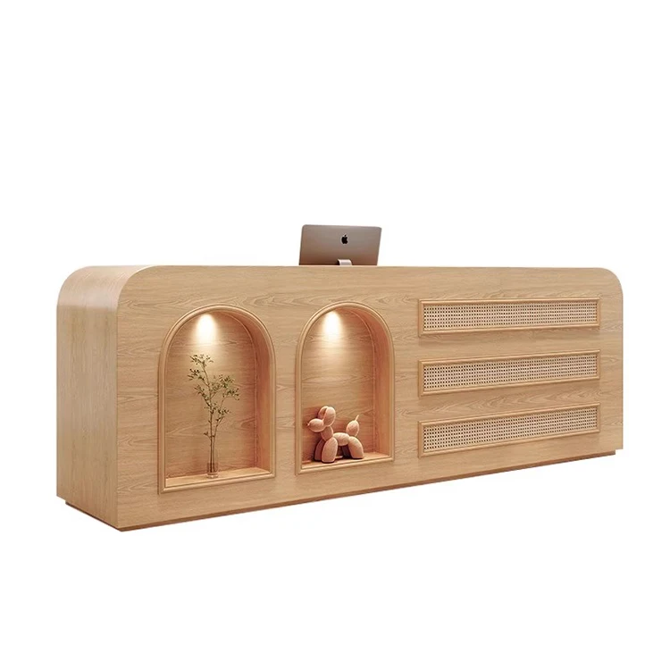 *Customized Led Hotel Reception Counter Boutique Front Desk Minimalist Barber Shop Cashier Counter Desk with Rattan