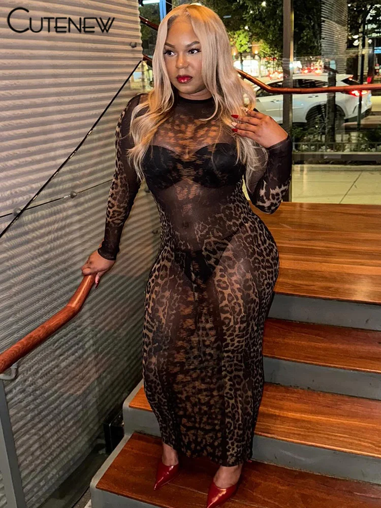 Cutenew Leopard Mesh Sexy Women Dresses Stunning Coquette Full Sleeve O-neck Sexy Sheer Long Vestidos Female Midnight Clubwear