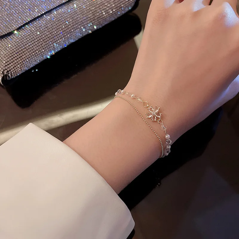 Super Sparkling Delicate Double Layer Imitation Pearl Flower Pendant Bracelet for Women Ins Romantic Hundred Hand Jewelry