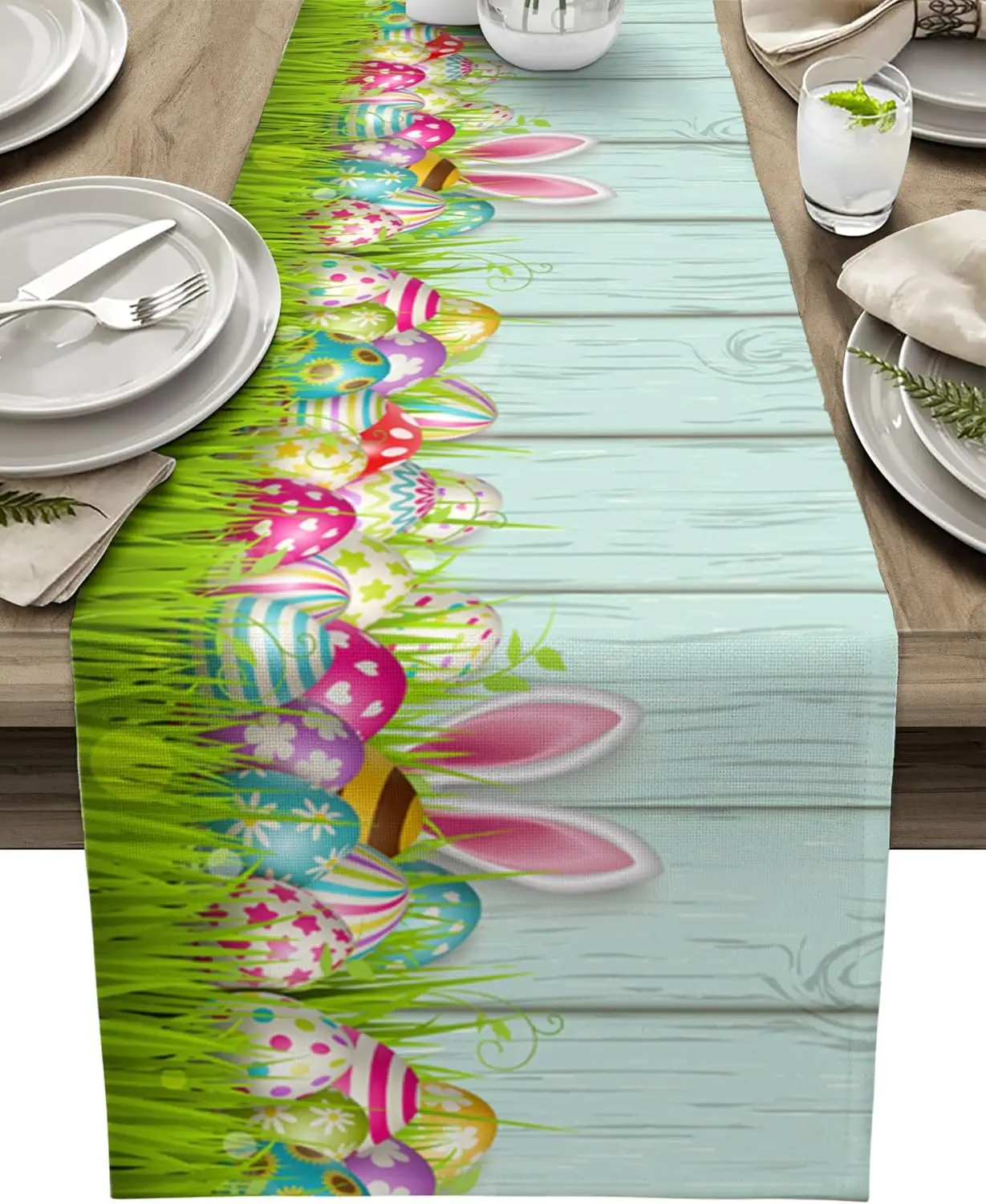 Easter Eggs Bunny Ears Linen Table Runner Dresser Scarves Seasonal Spring Grass Wood Grain Table Runners for Holiday Party Decor