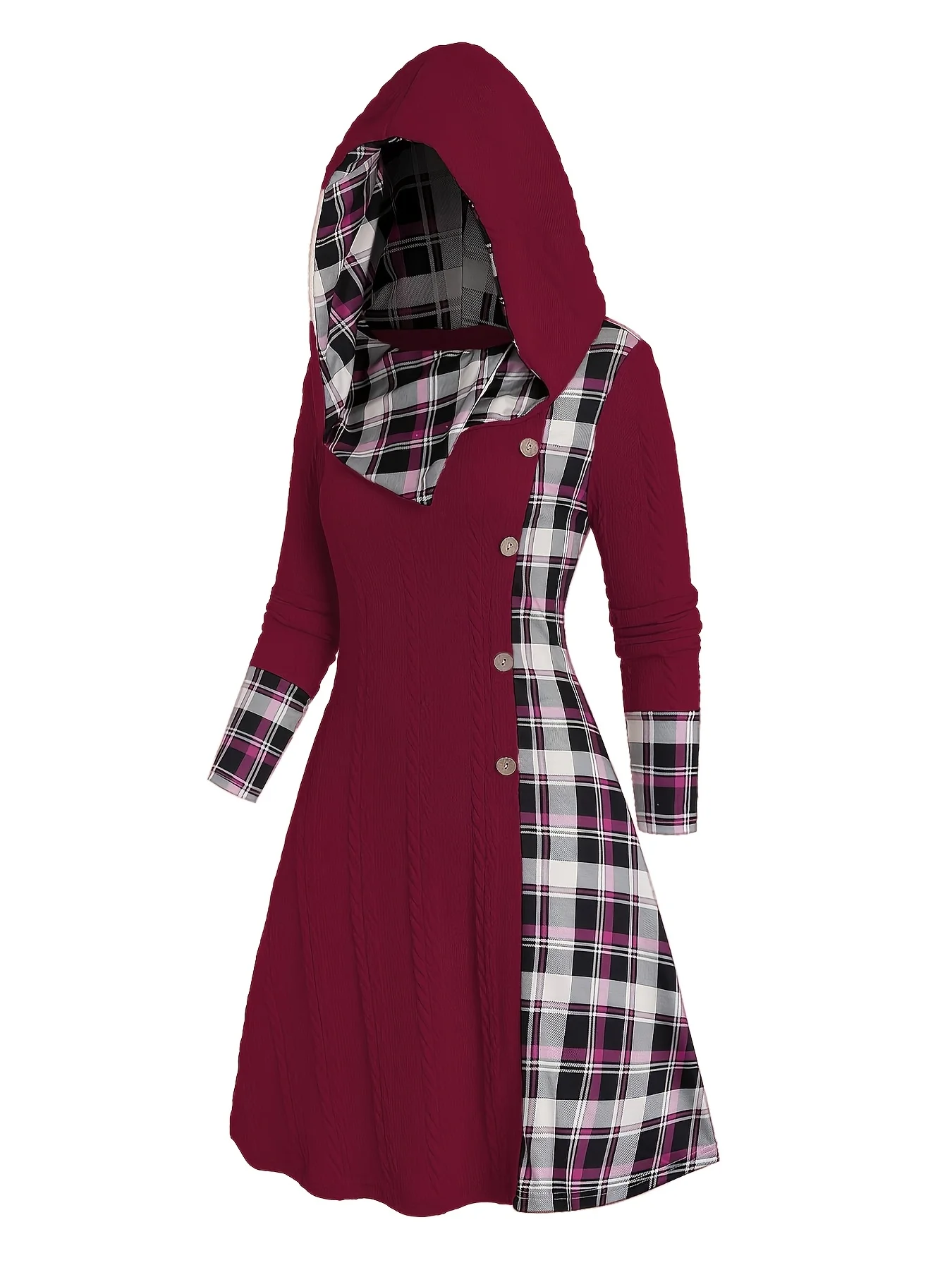 Damen-Kleid mit Karomuster, Kapuze, hoher Taille, A-Linie, lange Ärmel, aus Strick, mit dekorativer Schnallendetail. – Detail 13