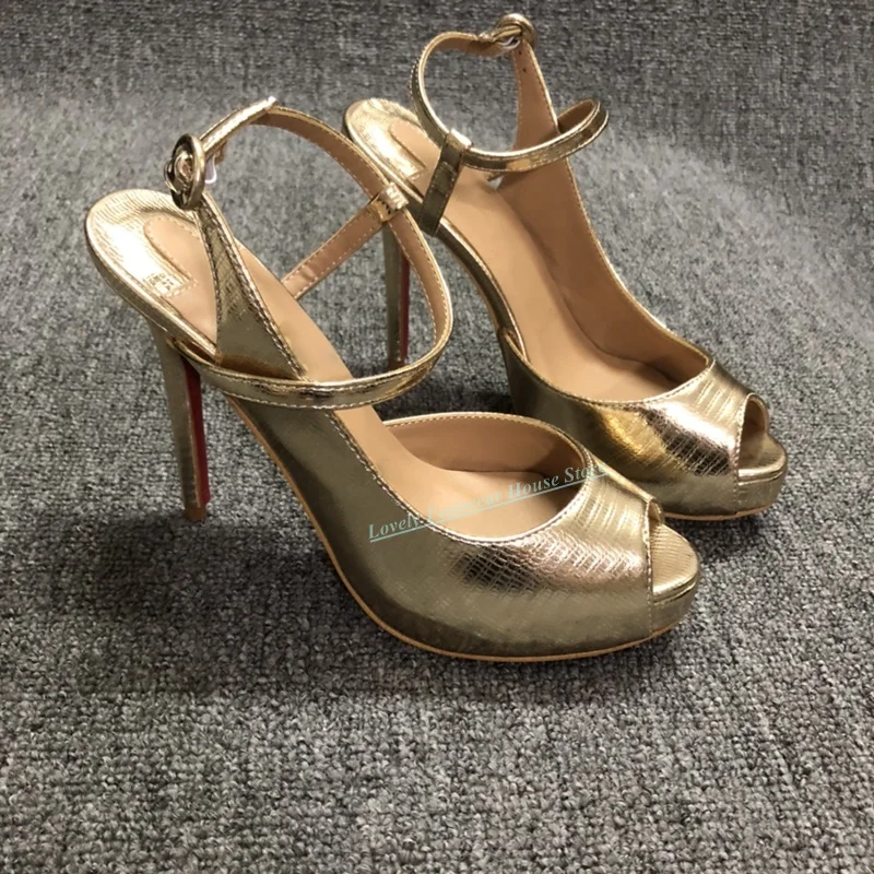 Lovely Gold Leather Woman Stiletto Heel Sandal Shoes Peep Toe Buckle Ankle Strap Female Thin High Heel Summer Sandal Shoes