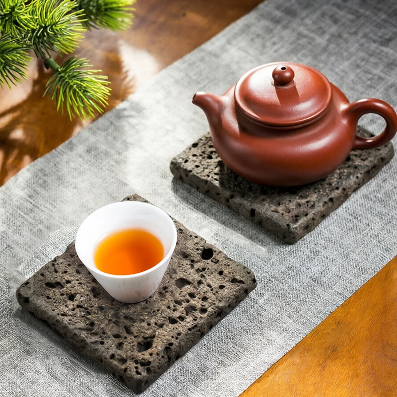 Square Coaster 9cm Natural Porous Volcanic Stone Absorbent Heat Resistant Drink Coaster Wabi‑Sabi Zen Teaware Accessory Gift