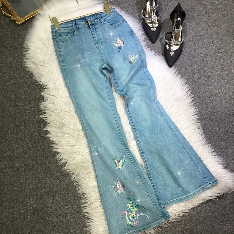 

New Spring Summer Hot Drilling Blue Jeans for Women Handwork Embroidery Butterfly Flare Pants High Waist Casual Denim Trousers