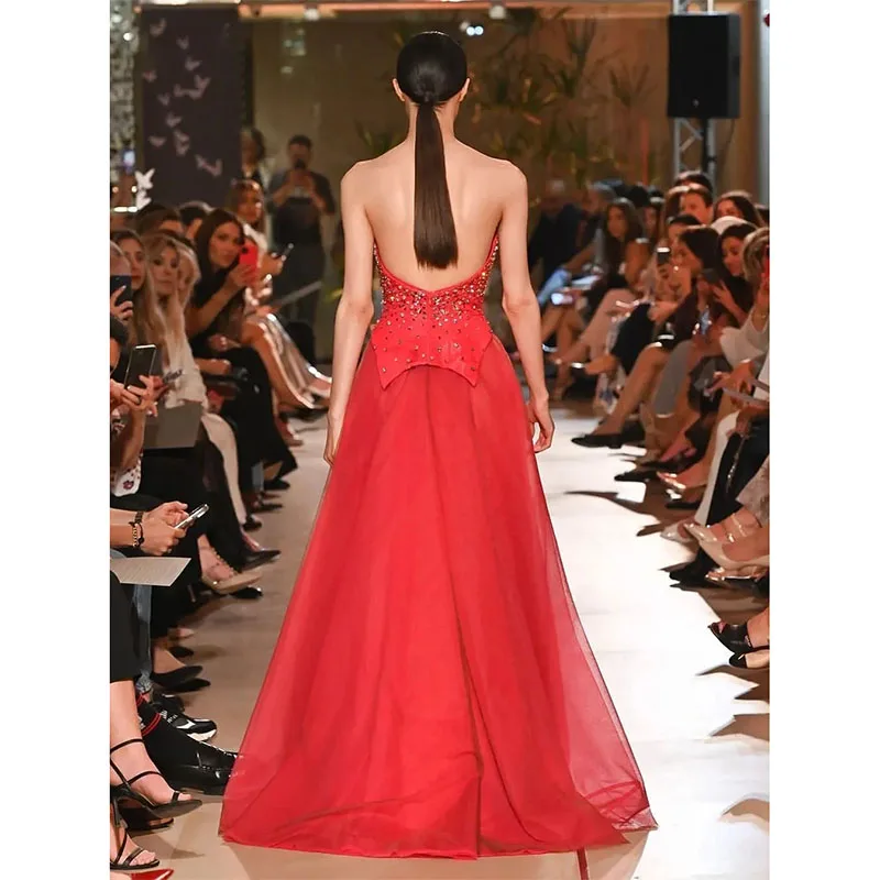 Sexy Red Backless Women Formal Evening Dresses Strapless Crystal Beading Wedding Guest Prom Gowns for Birthday Party Dress 2024