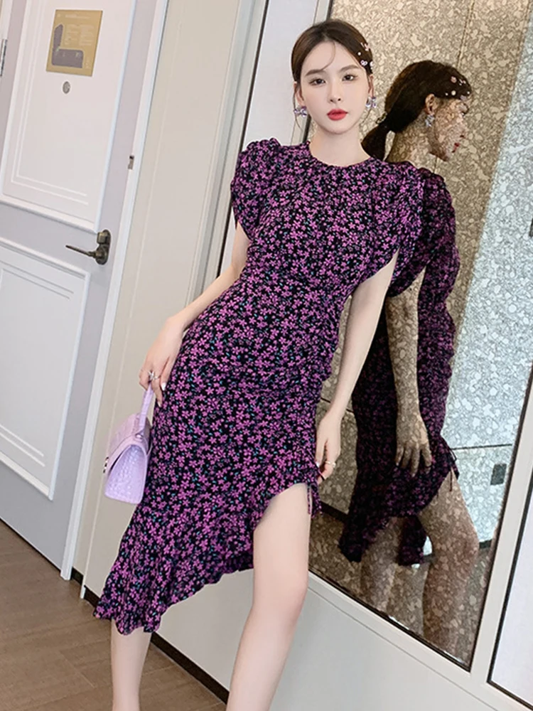 Chiffon Purple Floral Print Midi Dress Women Elegant Ladies Clothing Draw String Pleated High Waist Robe Office Street Summer