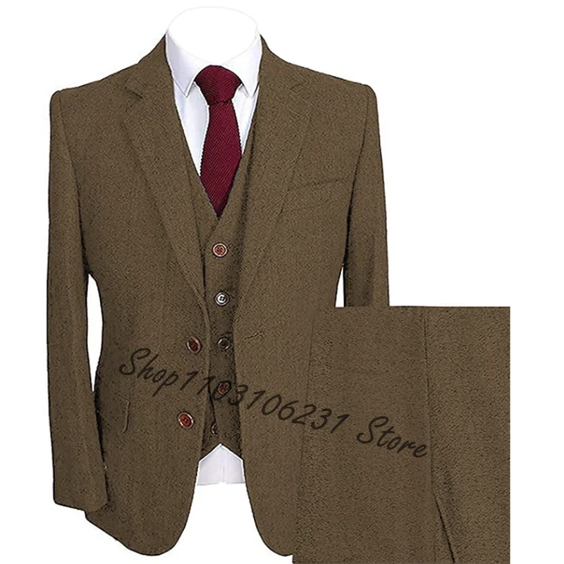 Formal Business Men Suits Slim Fit Tweed Herringbone Tuxedos Groom Wedding Suits For Men Notched Lapel Male Blazer Costume Homme