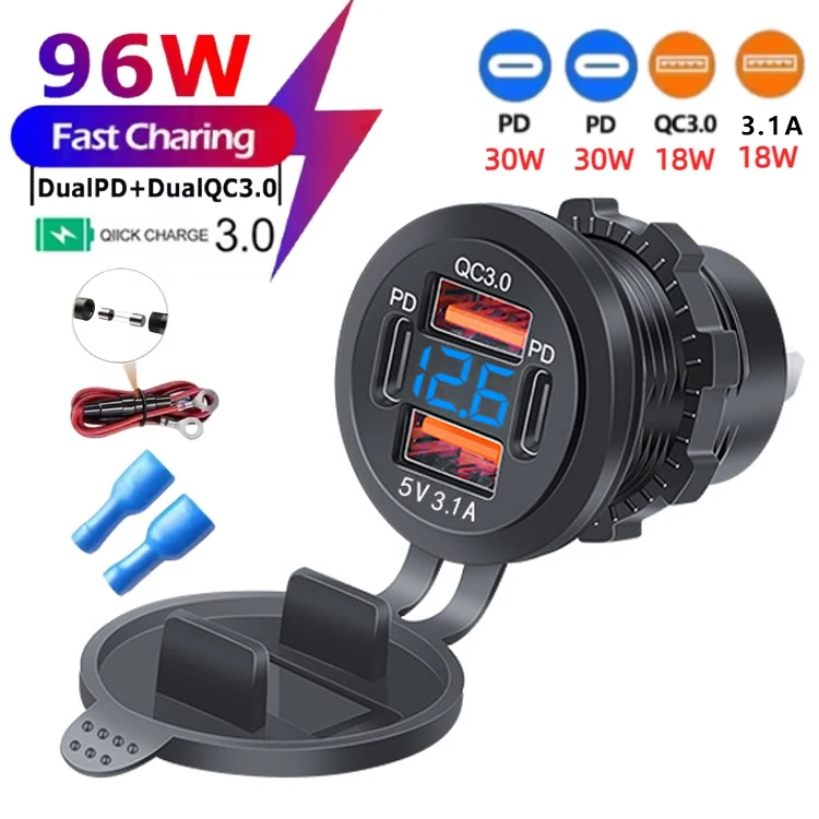 Car 96W Smartphone Charger Socket Adapter with PD QC3.0 3.1A Fast Charging Voltage Meter USB Power Port Universal for Cars