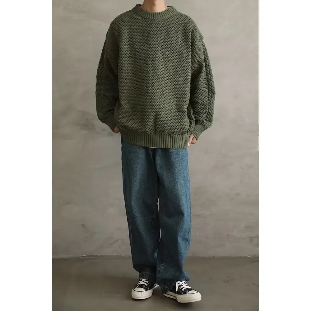 

Свободный мужской пуловер в японском стиле ретро, вязаный свитер для влюбленных, осенне-зимний новый однотонный повседневный вязаный свитер с круглым вырезом