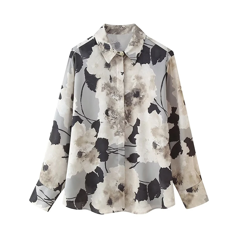 

YENKYE 2025 Women Vintage Print Satin Shirt Long Sleeve Lapel Collar Flowy Office Shirts Female Casual Spring Blouse