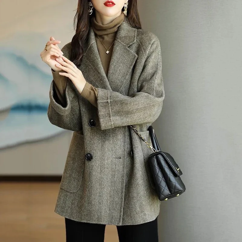 

Slimming Tweed Coat Women's Autumn Winter New Style Loose Fit Suit Collar Coat Long Sleeve Double Breasted mid Length Sweet S...