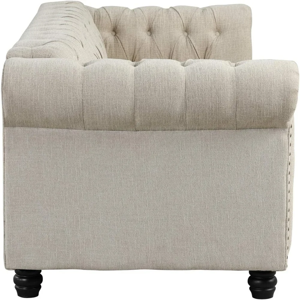 No Sagging Couch, Couches for Living Room 24'' Deep Seat Sofas Couches Pet-Friendly Linen Chesterfield Tufted Sofas, Beige