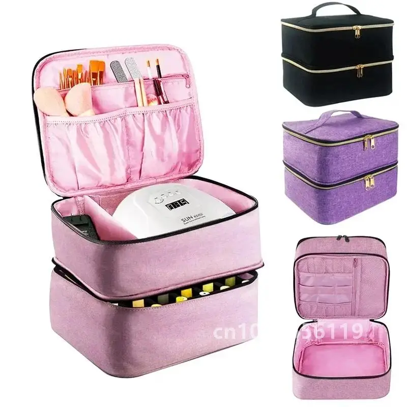 Bolsa de almacenamiento de esmalte de uñas de 2 capas, organizador de Gel de uñas, caja de almacenamiento portátil de diseño de doble capa, organizador de bolso grande para cosméticos