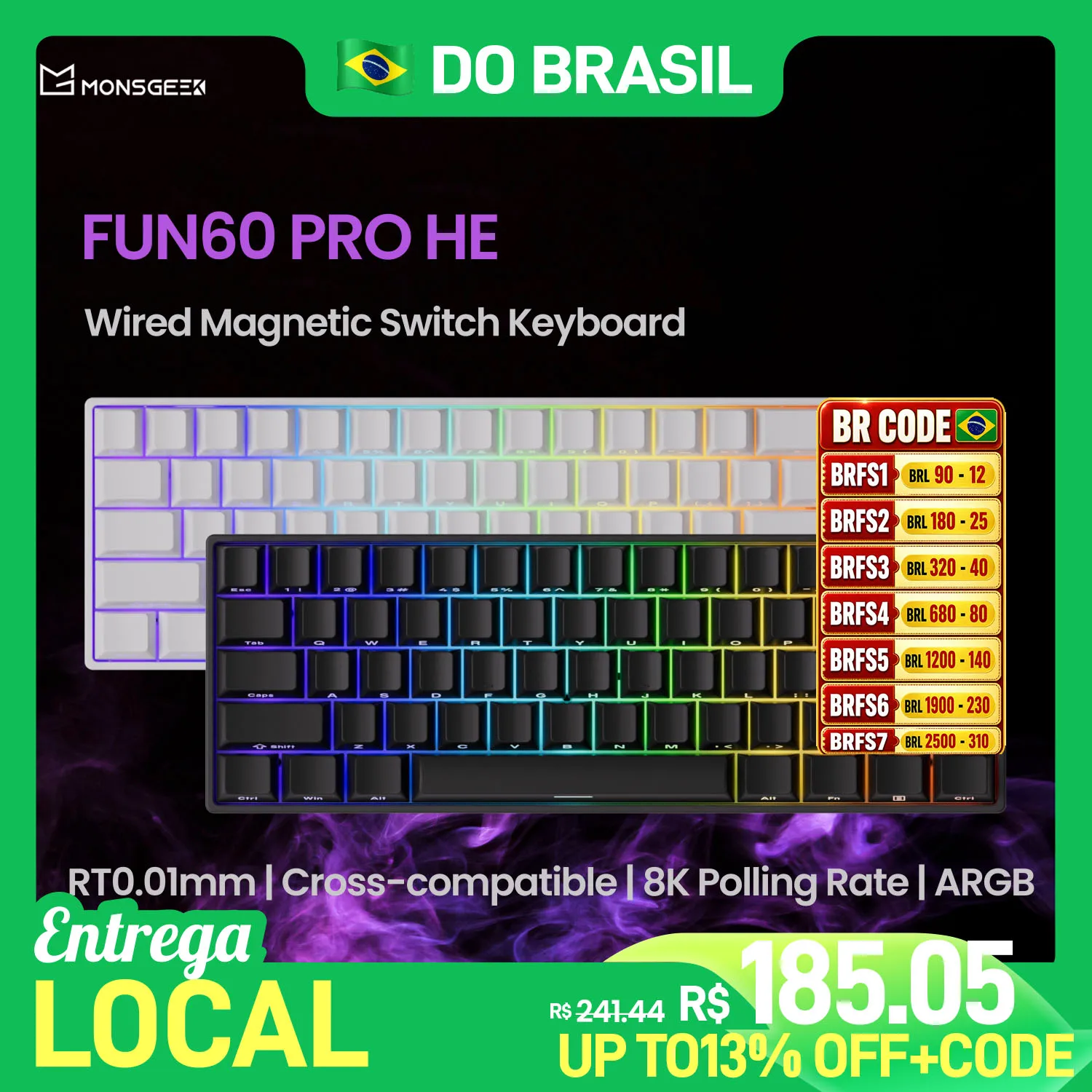 MonsGeek FUN60 PRO HE Teclado Mecânico 60% Interruptor Magnético Gatilho Rápido 0.01mm 8K Taxa de Orolling Teclado para Jogos com Fio