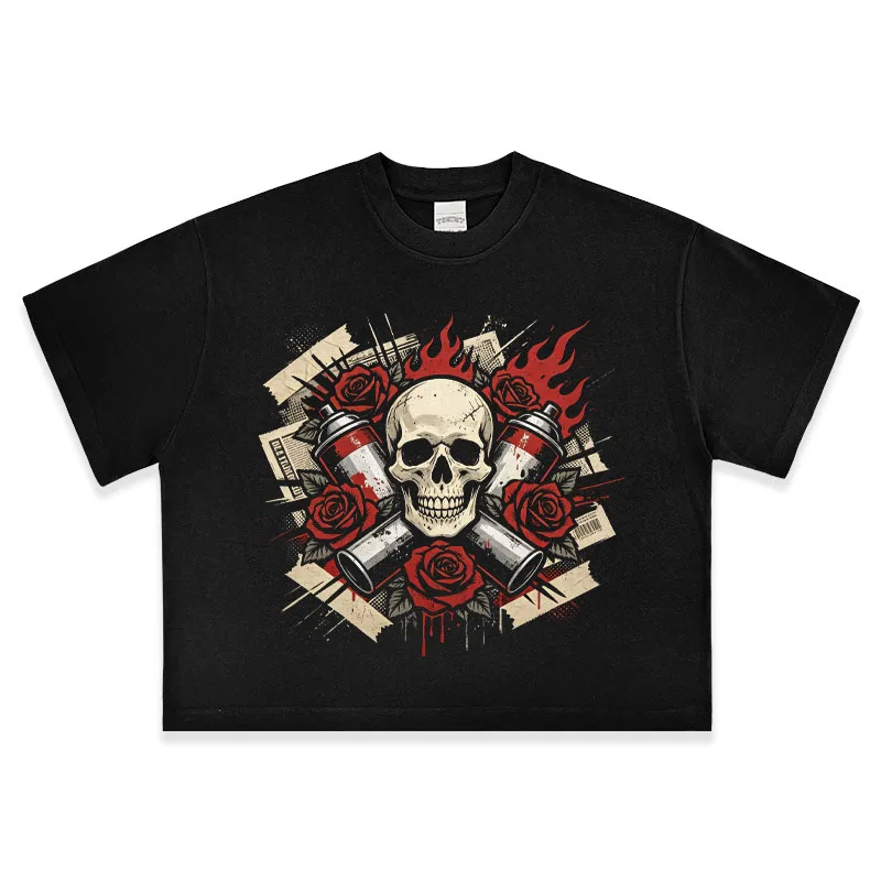 Men Boxy Fit Vintage Washed Tee Punk Skull Red Rose Spray Can Graphic Print Streetwear Hip‑Hop Casual Short Sleeve T‑Shirts