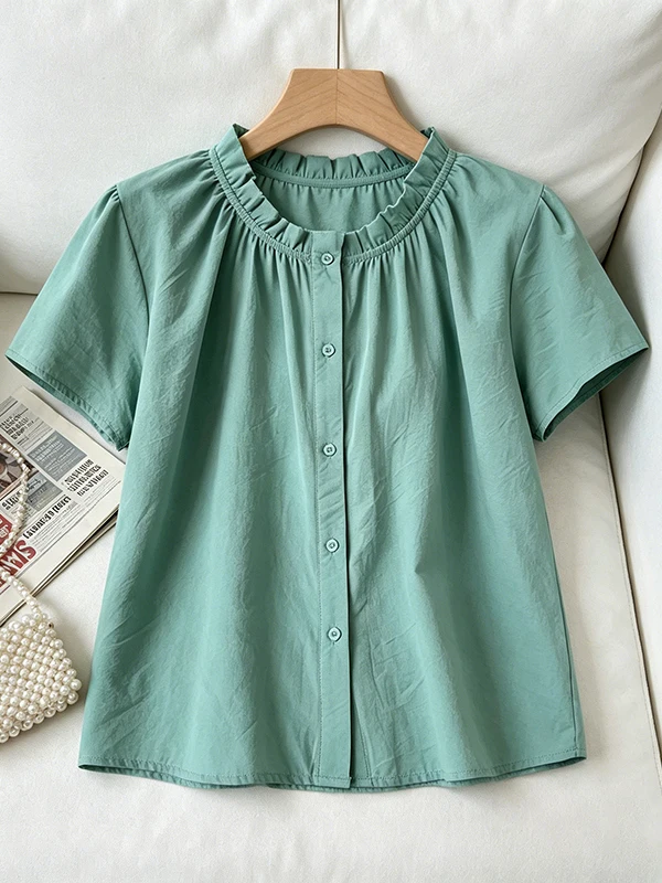 

plus Size Shoulder Length Short Sleeve Shirt Women's Summer New Style Wooden Ear Belly Covering Trendy Top Korean Style