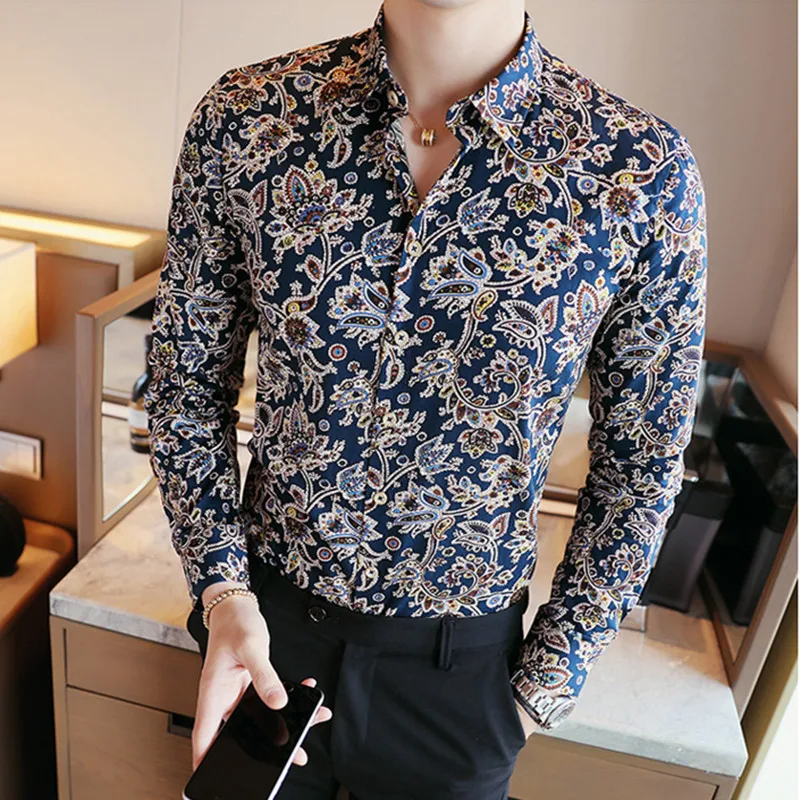 Men Shirts Cotton Vintage Clothes Flowers Shirt Korean Clothing Men\'s Fashion Beach Men\'s Spring Long Sleeve Shirt Top