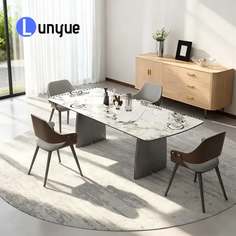 Double Column Corner Dining Table and Chair Set Artificial Marble Rectangular Table for 8 People Modern Home Kitchen