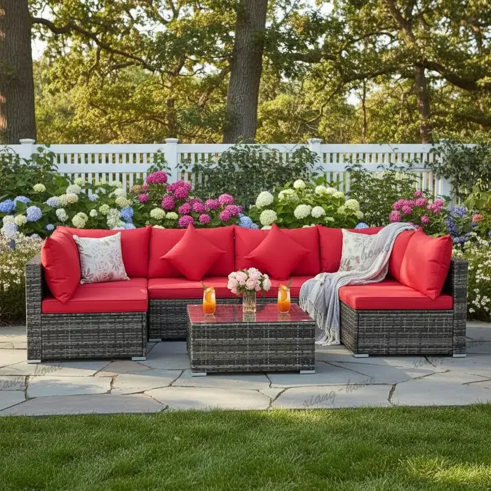 ls7 Pieces Wicker Patio Furniture Set, AllWeather Outdoor Rattan Sectional Sofa Set with Cushions amp Tempered Glass Coffee Tabl