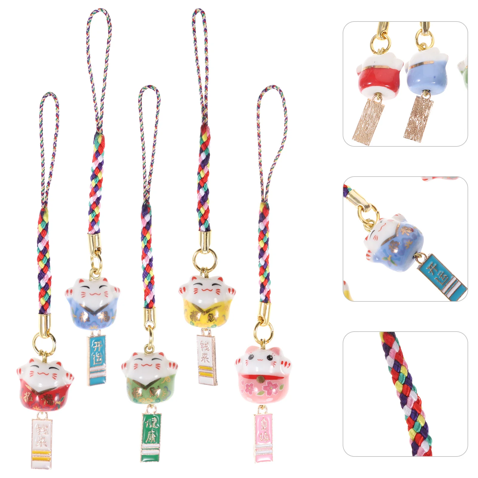 Lucky Cat sleutelhanger keramische auto-gadgets telefoon decoratie riem charme touw bel Lanyard peuter