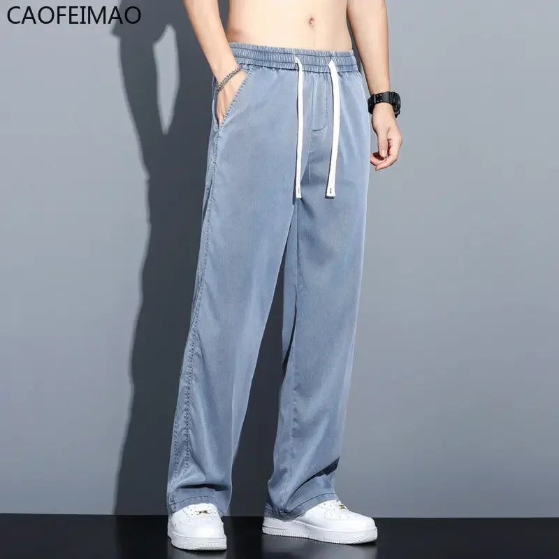 Summer Soft Lyocell Fabric Men's Jeans Thin Loose Straight Pants Drawstring Elastic Waist Korea Casual Trousers Plus Size M-5XL