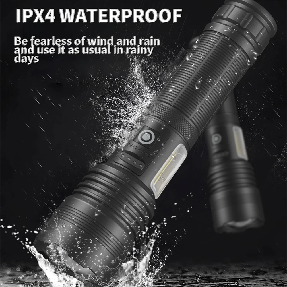 XHP70 Powerful LED Flashlight High Power Lantern TYPE-C USB Rechargeable Zoom Tactical Torch With COB Side Light Outdoor Camping