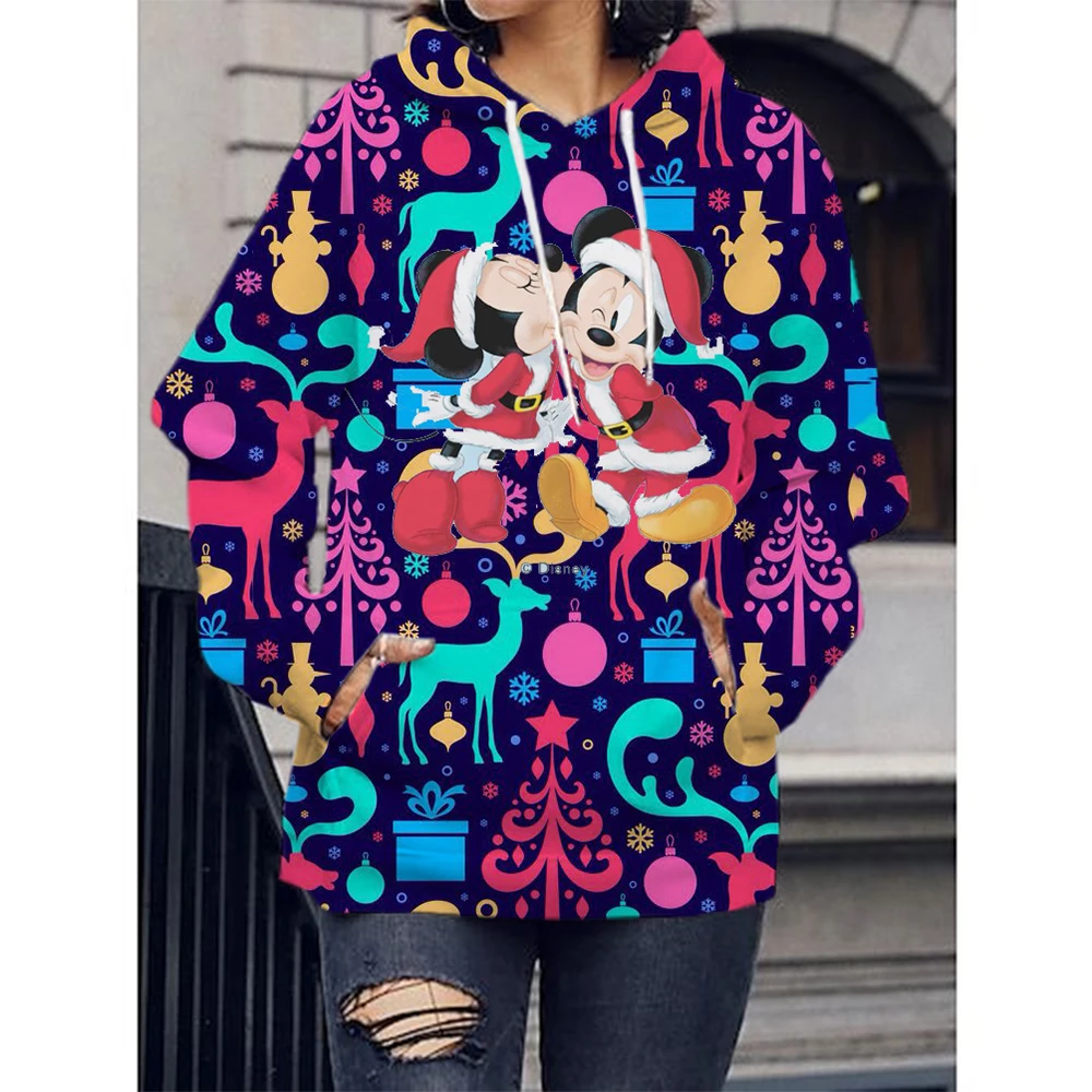 2024 Disney Christmas Mickey Mouse Hoodie Cartoon Mickey Minnie 3D Print Long Sleeve Spring and Autumn Sweatshirt Casual