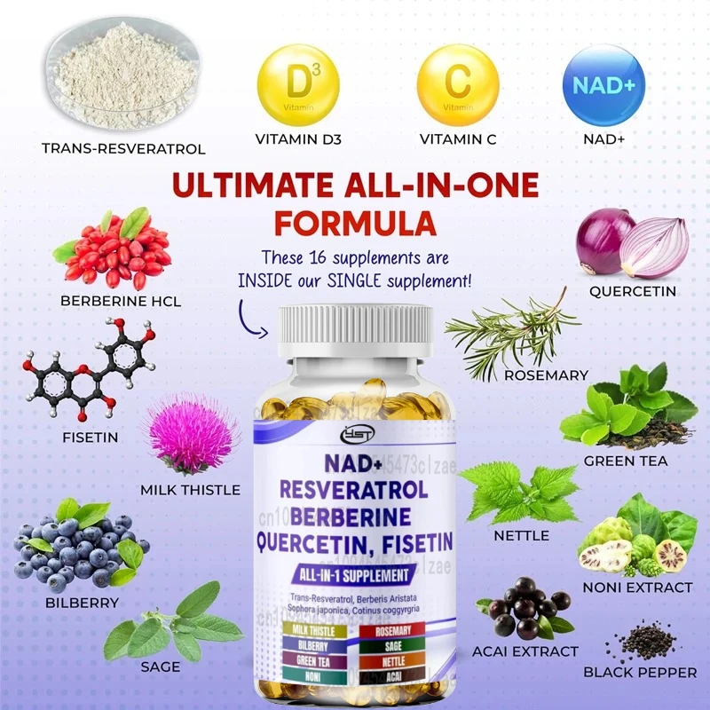 NAD+trans Resveratrol Berberine Quercetin Fisetin Milk Thistle -60 Capsules