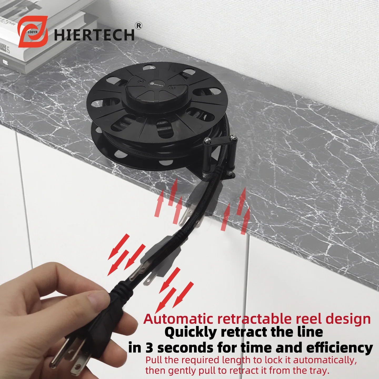 

Hiertech Black Us Standard Plug 16Awg Power Cord Automatic Retractable Cable Reel Suitable for Various Household Appliances Power Cord Storage