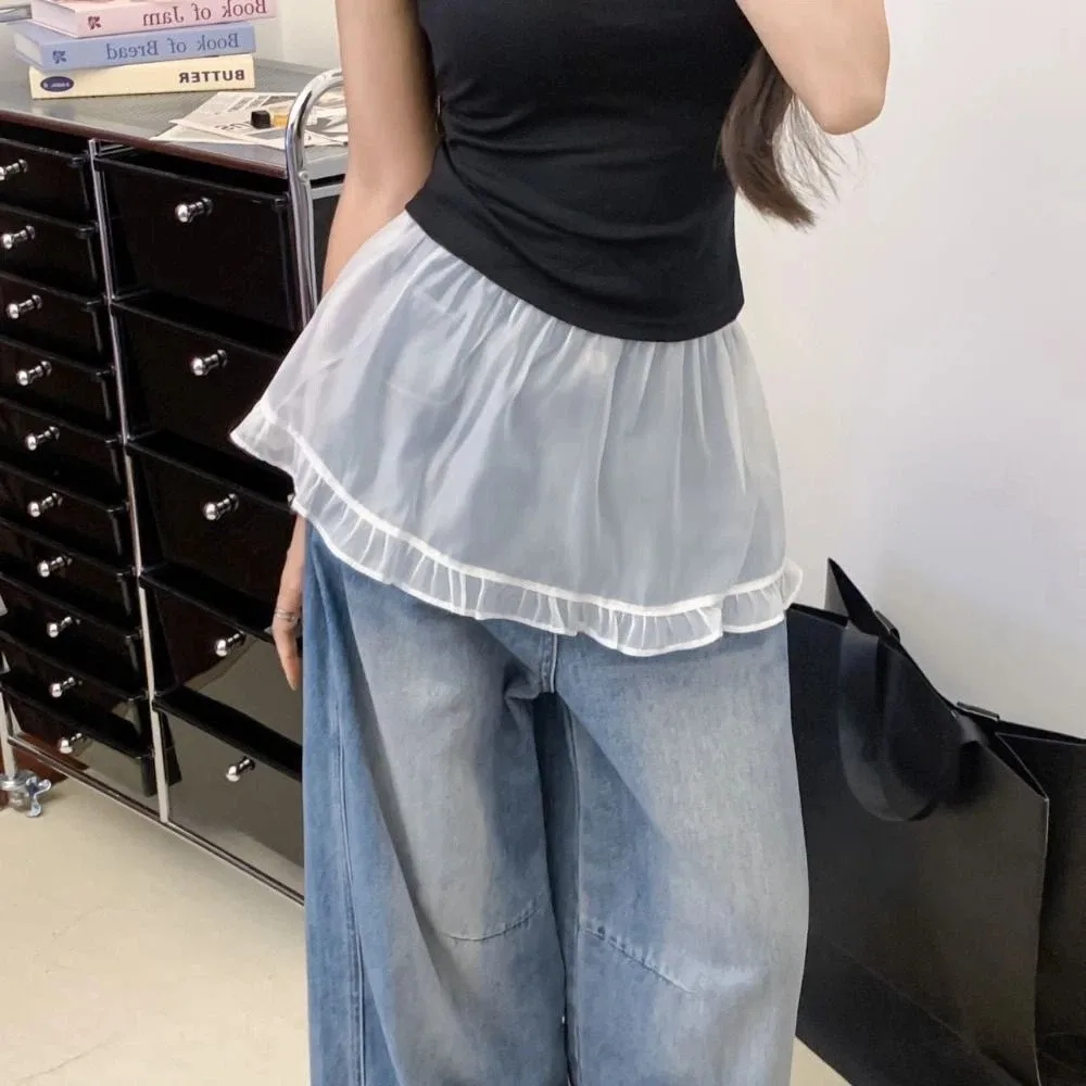 

Универсальная французская мини-юбка с кружевной отделкой в стиле Y2K, уличная мода Харадзюку, юбка с рюшами и вышивкой, на шнуровке, с оборками, декорированная джинсами