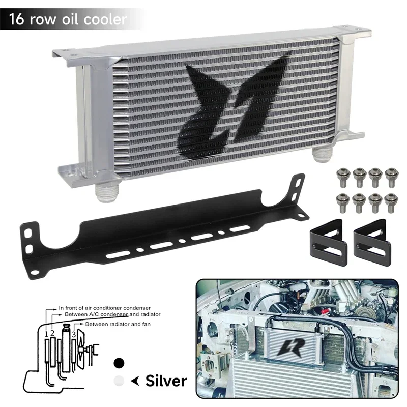 Oil Cooler+Mounting Bracket Universal LR 16 Row 248MM Engine Transmission Mocla Style -10AN Aluminum Black/Silver