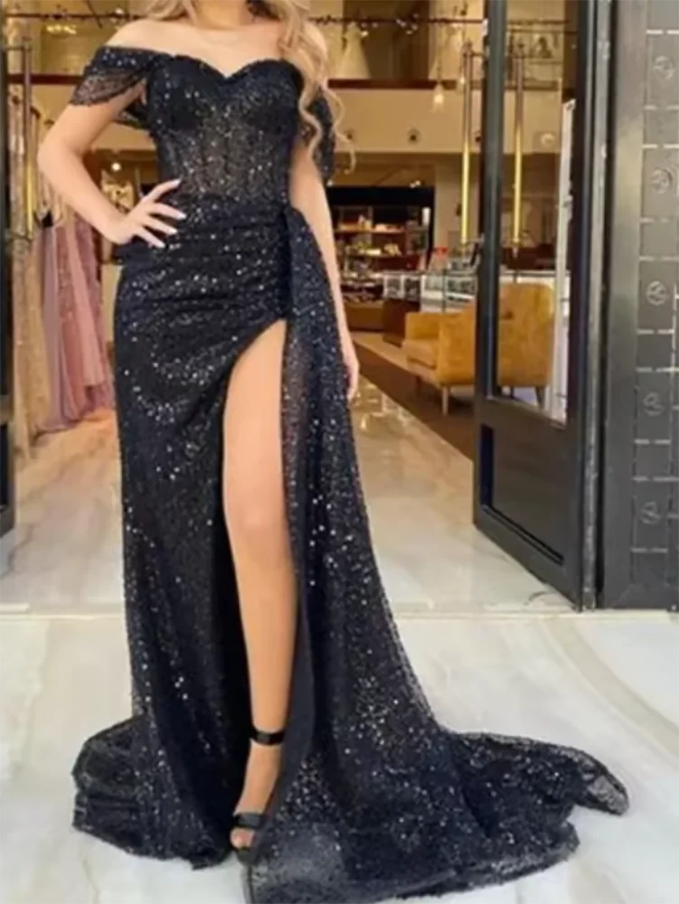 

Evening Dress For Gala Glitter Prom Dress Mermaid Sequin Lace Side Slit Sleeveless Strapless Floor Length Court Train Customized