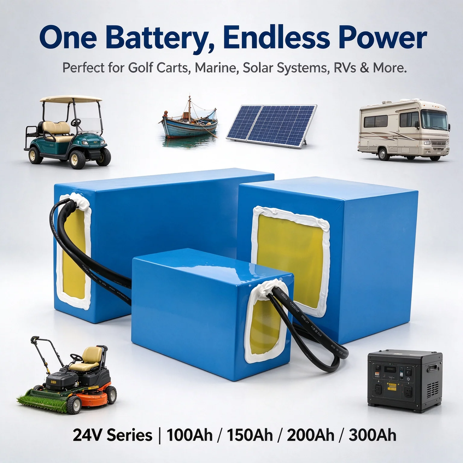 24V 100Ah 200Ah 300Ah LiFePO4 Deep Cycle Battery 300A BMS for Solar RV Marine Trolling Motor High Power Lithium Iron Phosphate