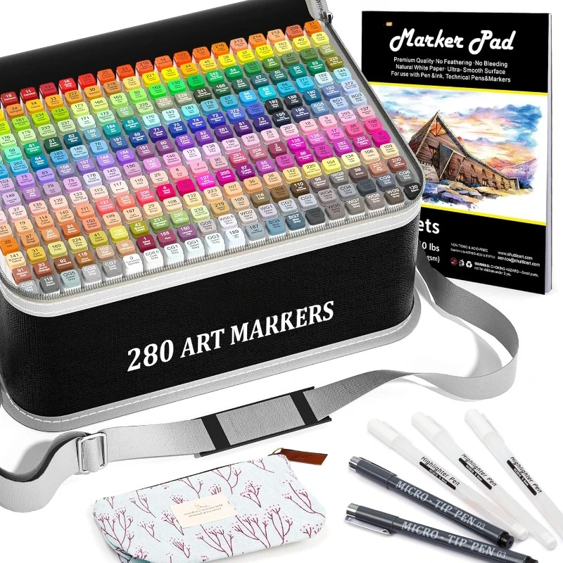 2025 280 Colors Dual Tip Alcohol Based Art Markers, White Highlighter Pens, Marker Bag with Holders for Kids Adult Coloring